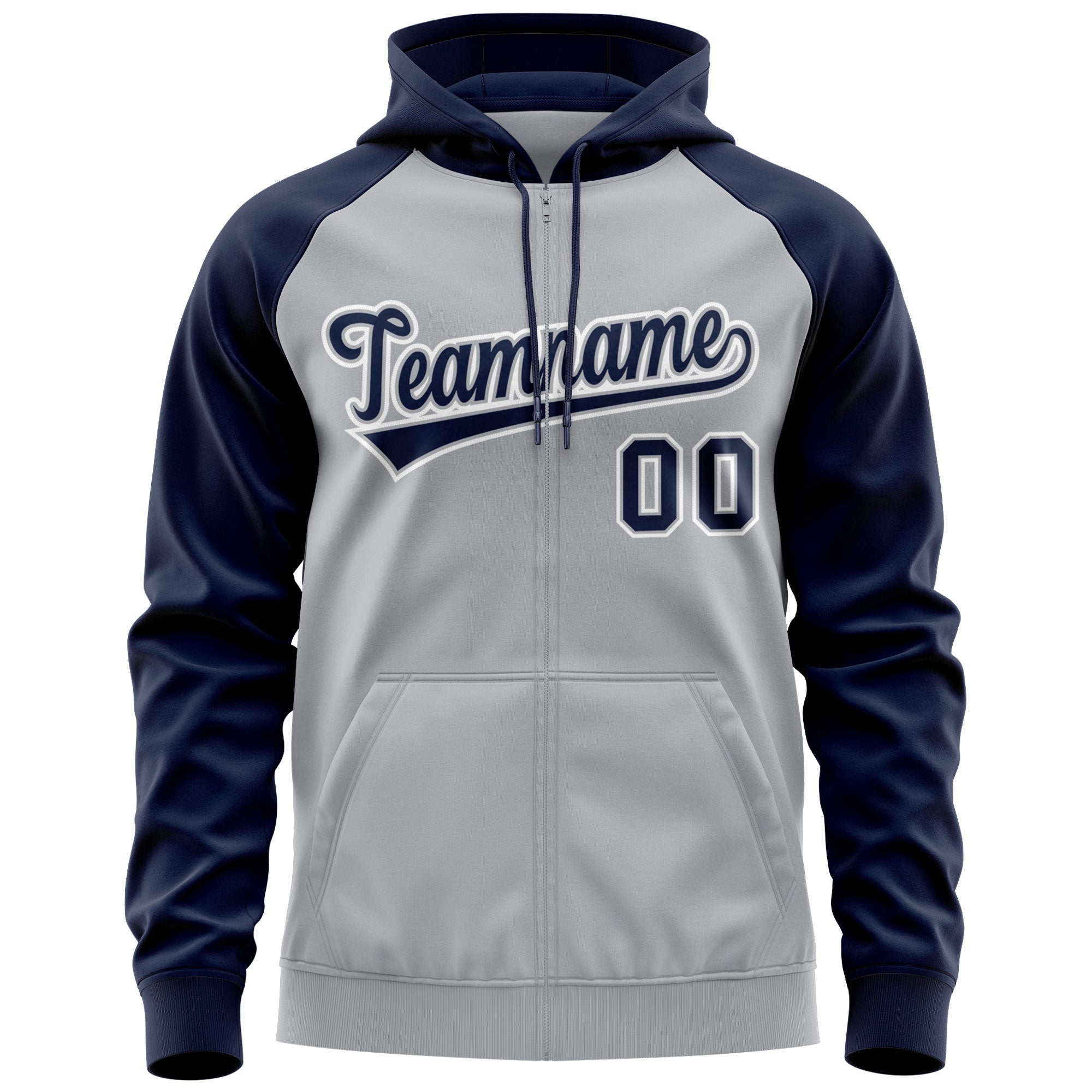 Custom Stitched Gray Navy-White Raglan Sleeves Sports Full-Zip Sweatshirt Hoodie