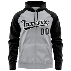 Custom Stitched Gray Black-White Raglan Sleeves Sports Full-Zip Sweatshirt Hoodie