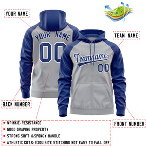 Custom Stitched Gray Royal-White Raglan Sleeves Sports Full-Zip Sweatshirt Hoodie