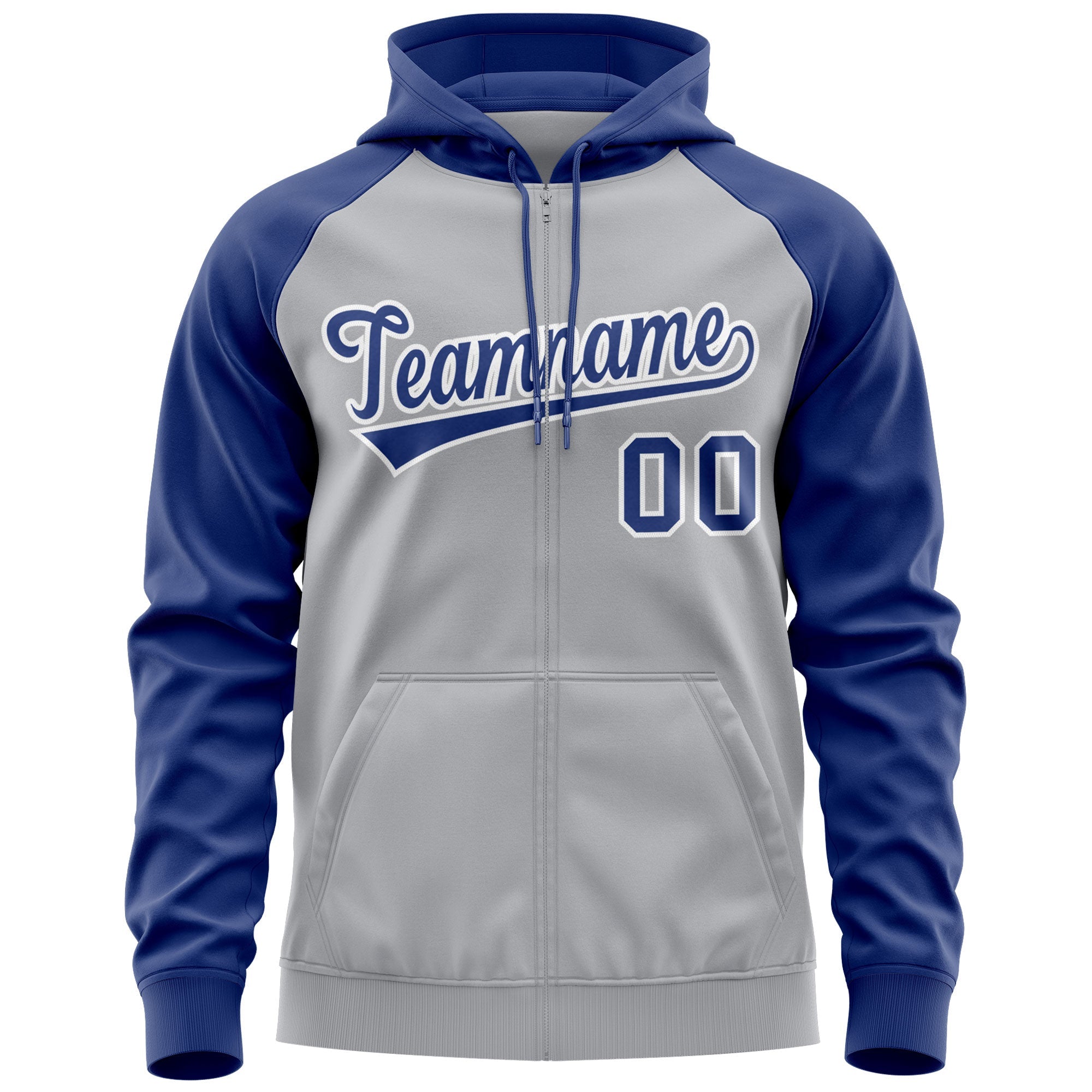 Custom Stitched Gray Royal-White Raglan Sleeves Sports Full-Zip Sweatshirt Hoodie