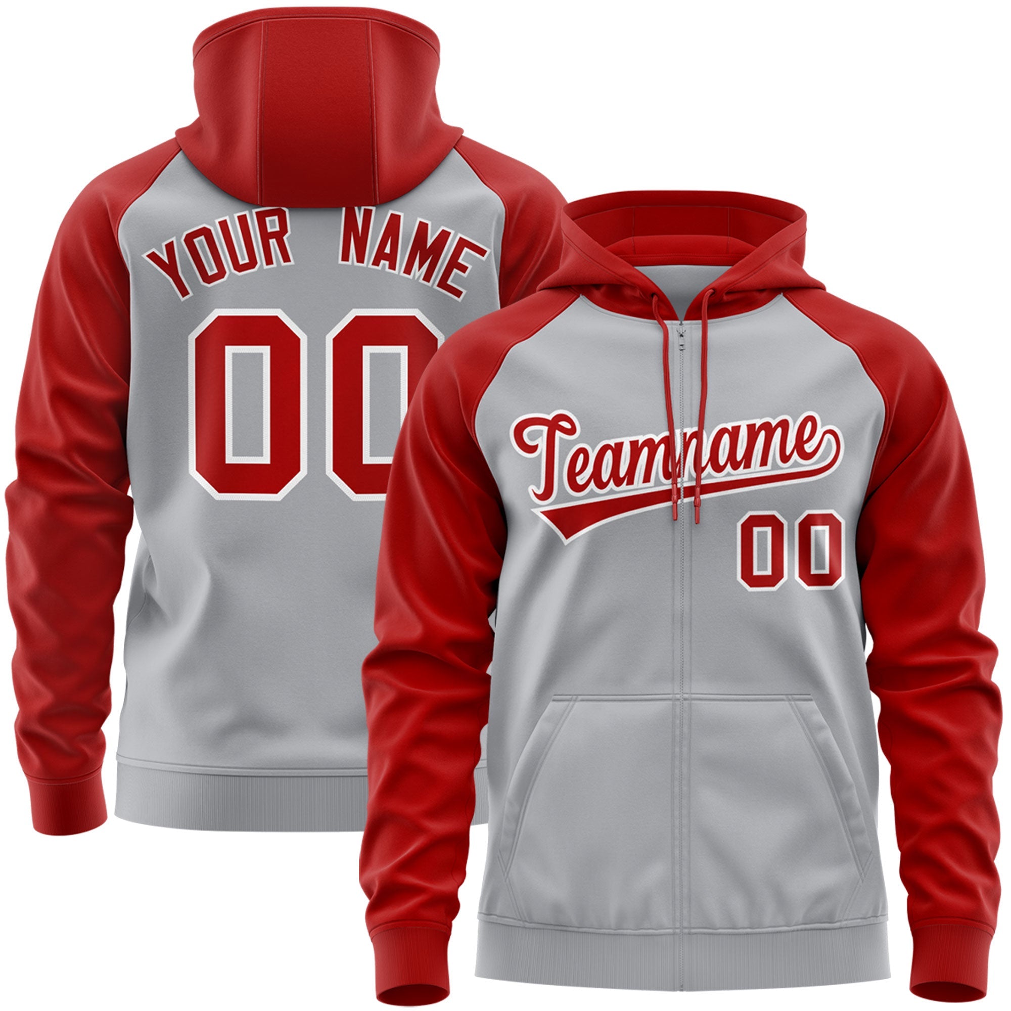 Custom Stitched Gray Red-White Raglan Sleeves Sports Full-Zip Sweatshirt Hoodie