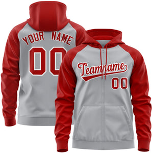 Custom Stitched Gray Red-White Raglan Sleeves Sports Full-Zip Sweatshirt Hoodie