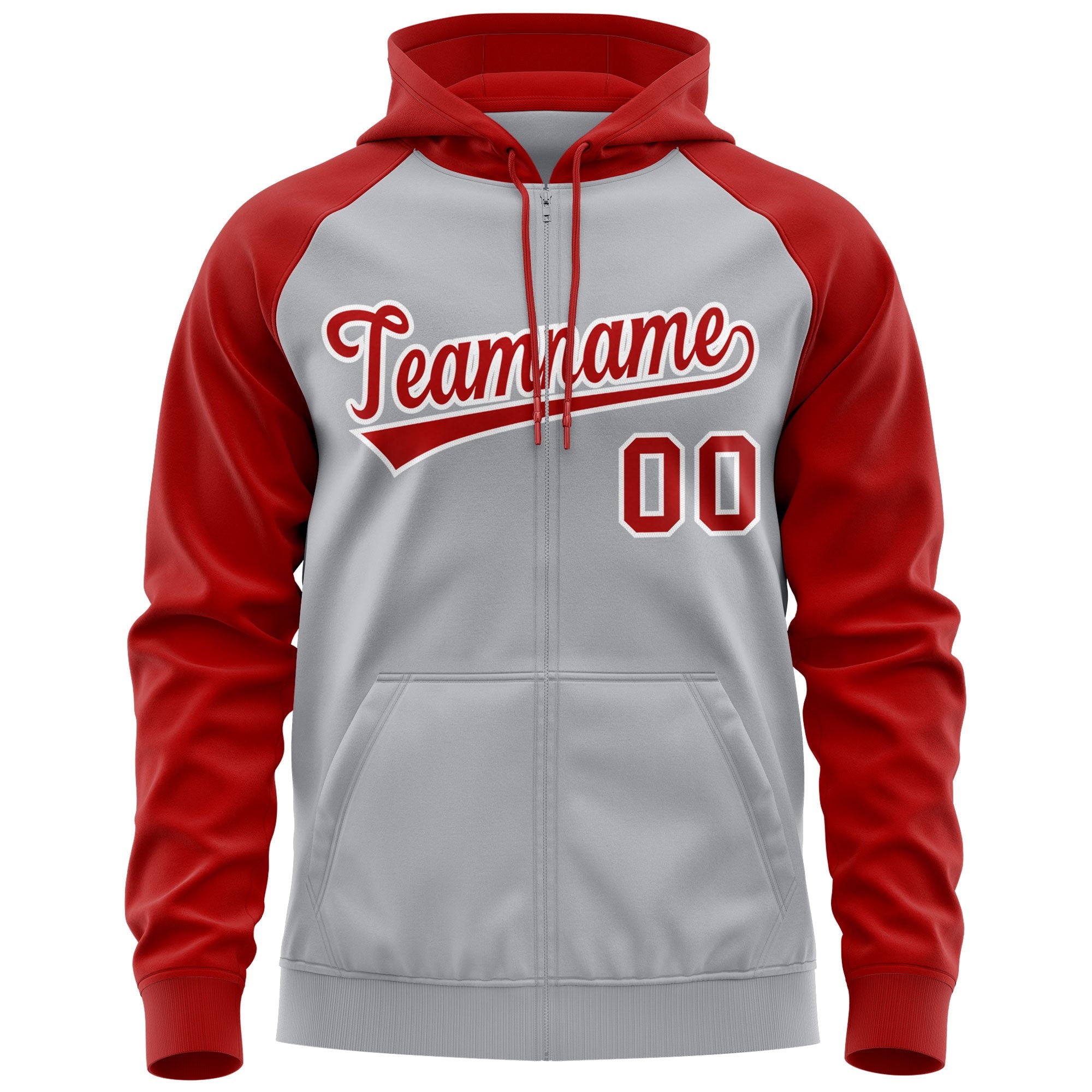 Custom Stitched Gray Red-White Raglan Sleeves Sports Full-Zip Sweatshirt Hoodie