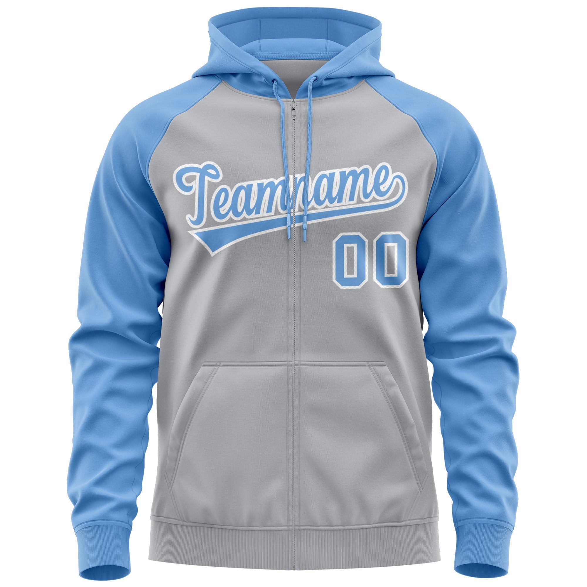 Custom Stitched Gray Light Blue-White Raglan Sleeves Sports Full-Zip Sweatshirt Hoodie