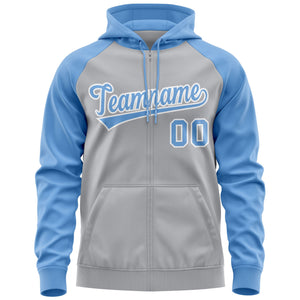 Custom Stitched Gray Light Blue-White Raglan Sleeves Sports Full-Zip Sweatshirt Hoodie