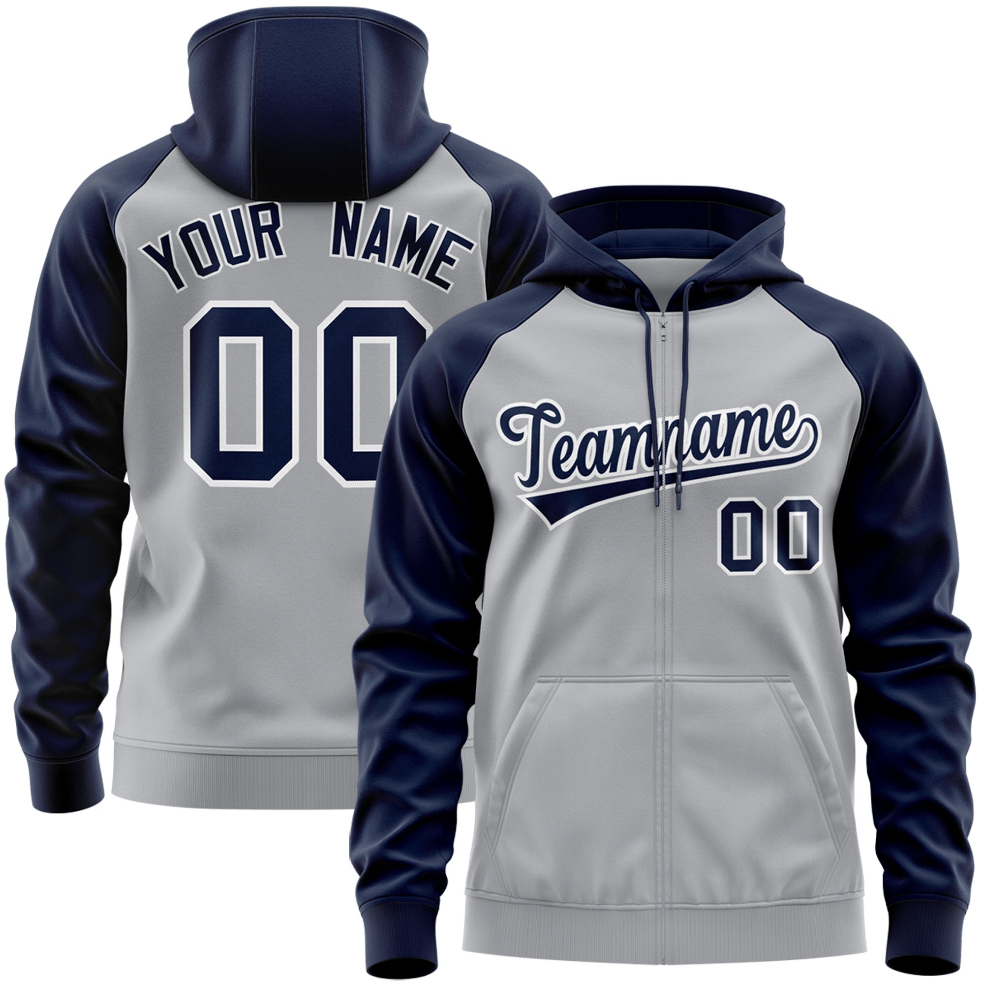 Custom Stitched Gray Navy-White Raglan Sleeves Sports Full-Zip Sweatshirt Hoodie