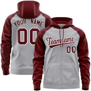 Custom Stitched Gray Crimson-White Raglan Sleeves Sports Full-Zip Sweatshirt Hoodie