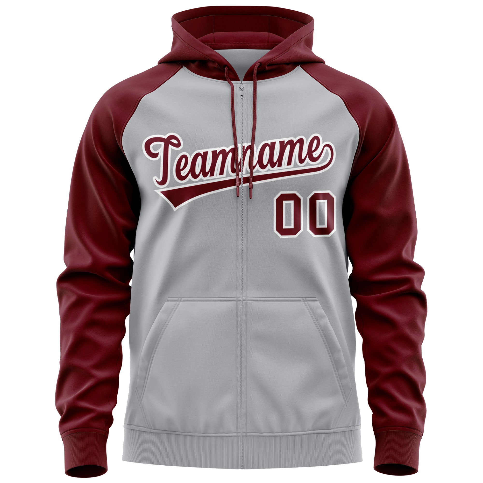 Custom Stitched Gray Crimson-White Raglan Sleeves Sports Full-Zip Sweatshirt Hoodie