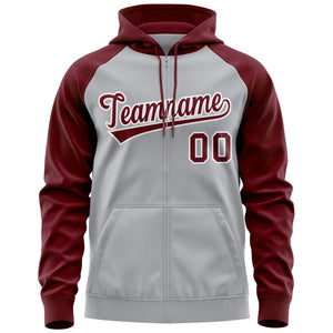 Custom Stitched Gray Crimson-White Raglan Sleeves Sports Full-Zip Sweatshirt Hoodie