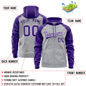 Custom Stitched Gray Purple-White Raglan Sleeves Sports Full-Zip Sweatshirt Hoodie