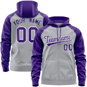 Custom Stitched Gray Purple-White Raglan Sleeves Sports Full-Zip Sweatshirt Hoodie