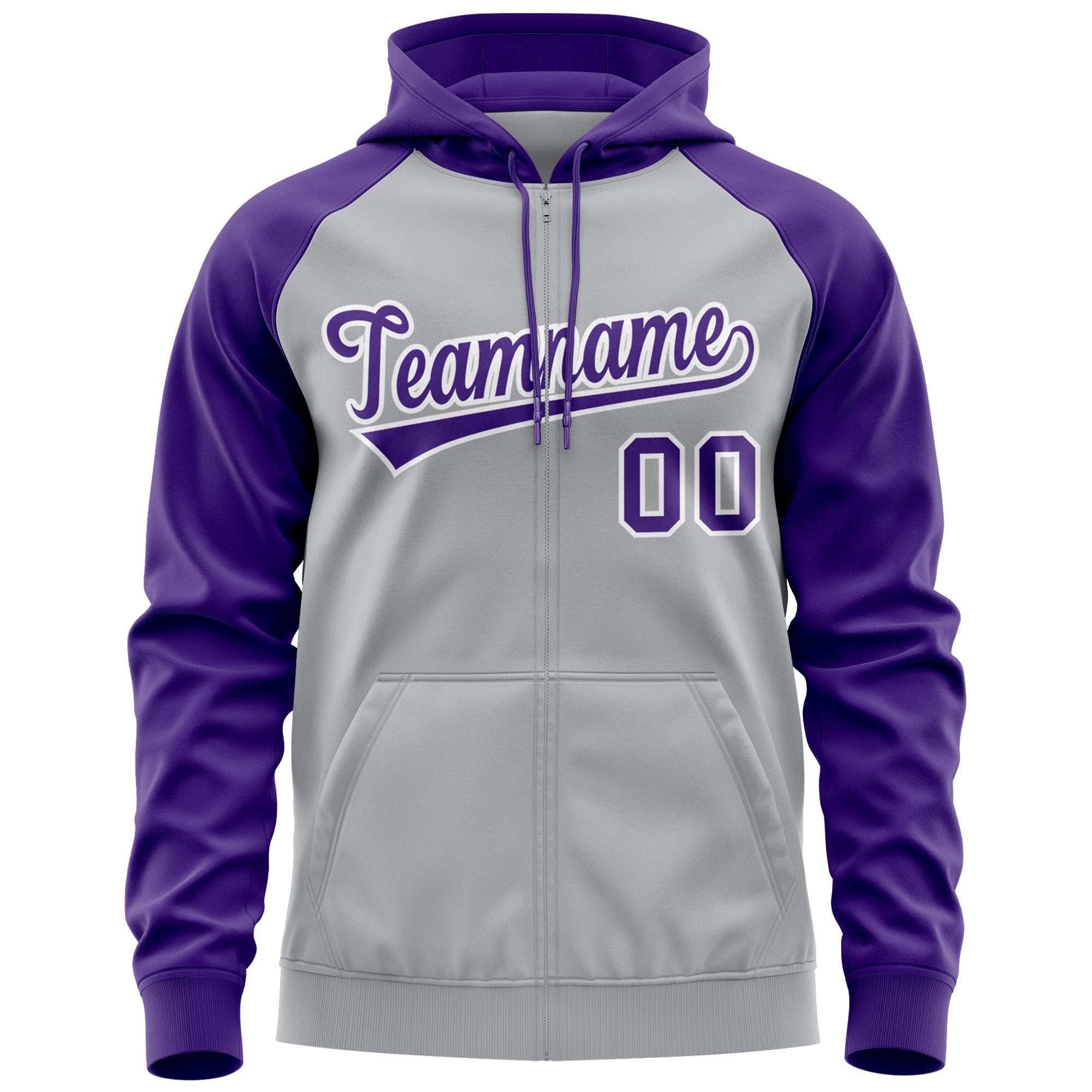 Custom Stitched Gray Purple-White Raglan Sleeves Sports Full-Zip Sweatshirt Hoodie