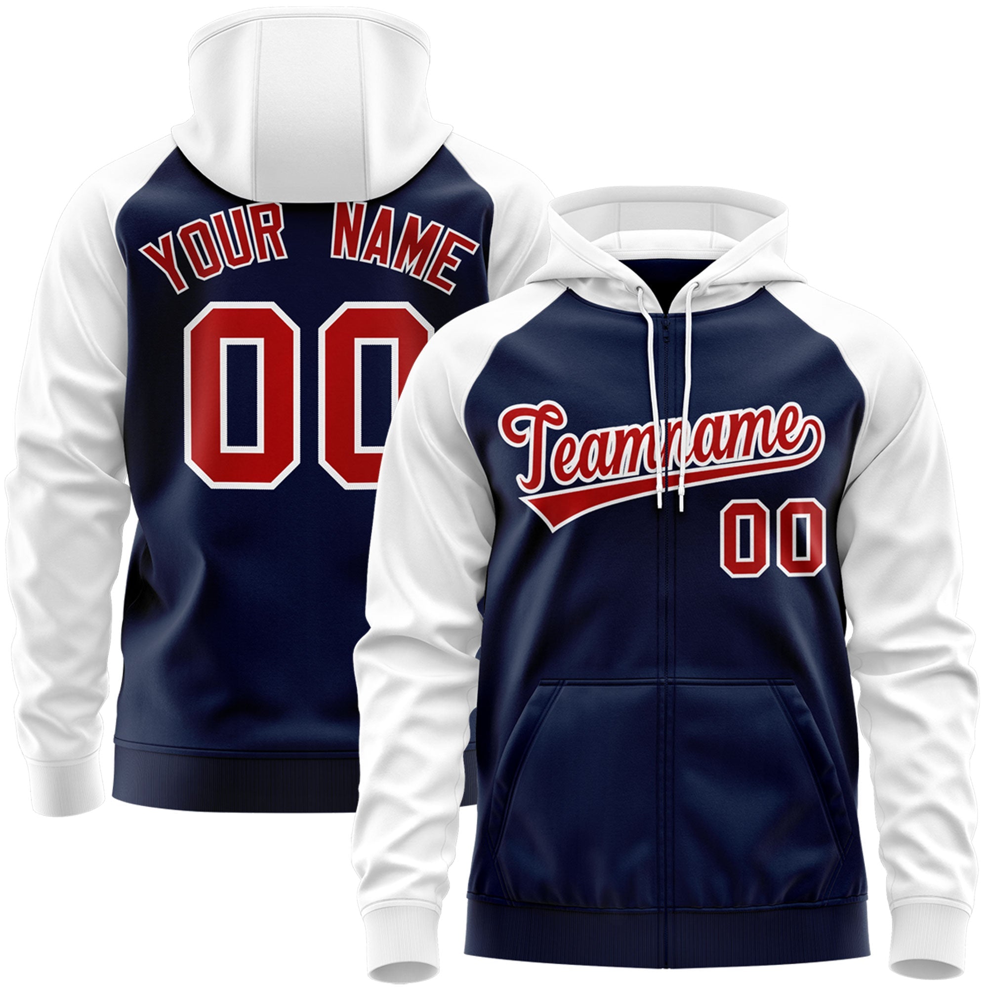 Custom Stitched Navy Red-White Raglan Sleeves Sports Full-Zip Sweatshirt Hoodie