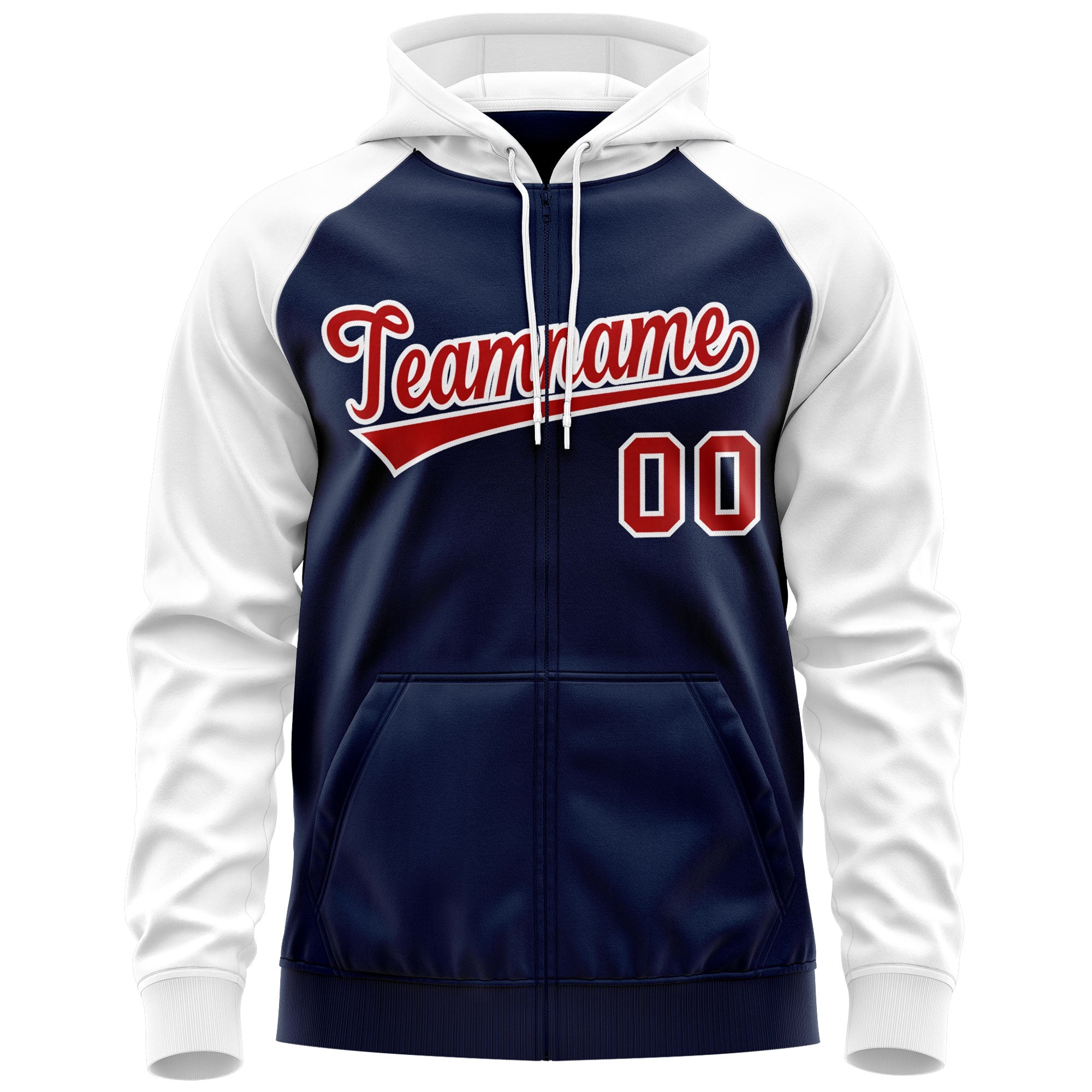 Custom Stitched Navy Red-White Raglan Sleeves Sports Full-Zip Sweatshirt Hoodie