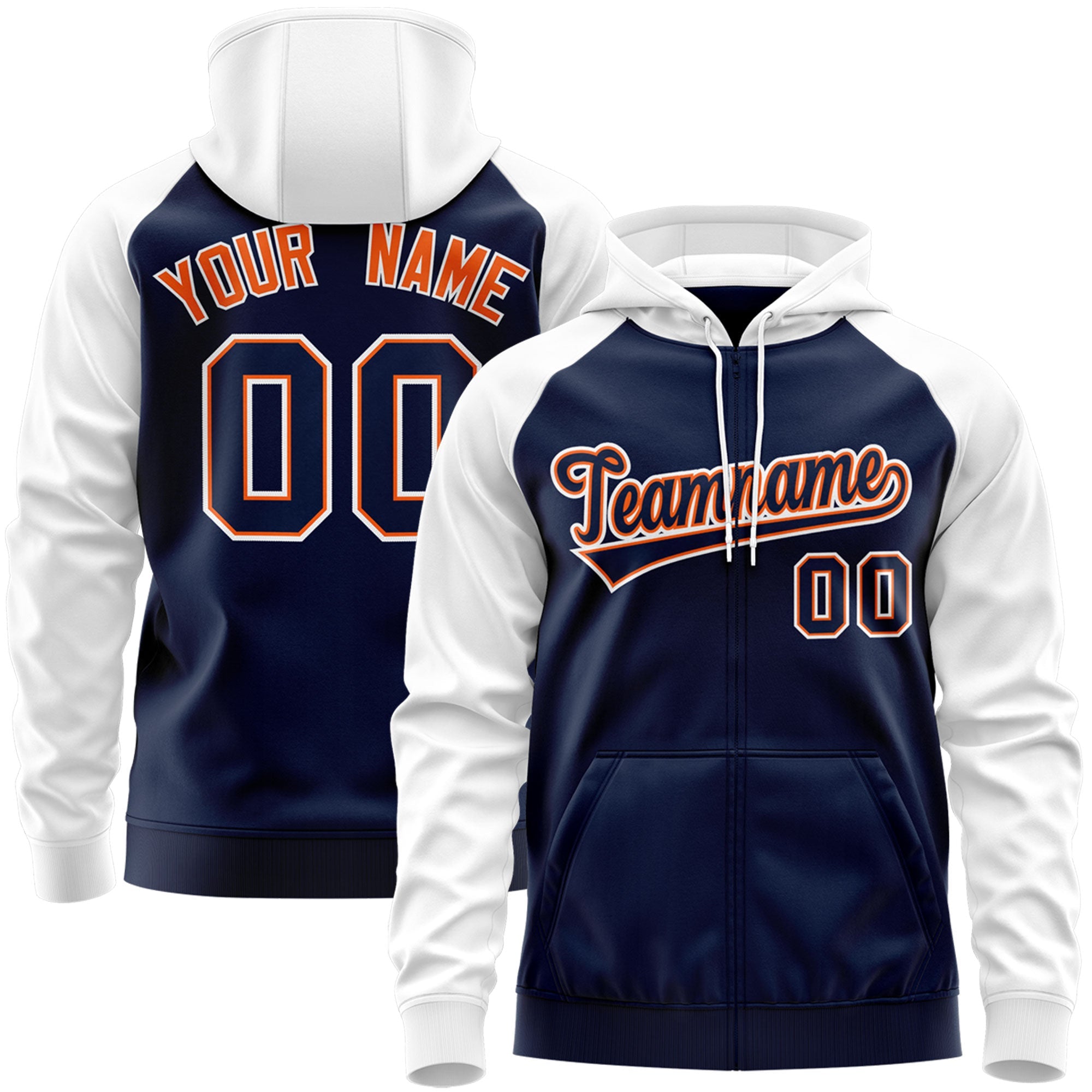 Custom Stitched Navy Orange-White Raglan Sleeves Sports Full-Zip Sweatshirt Hoodie