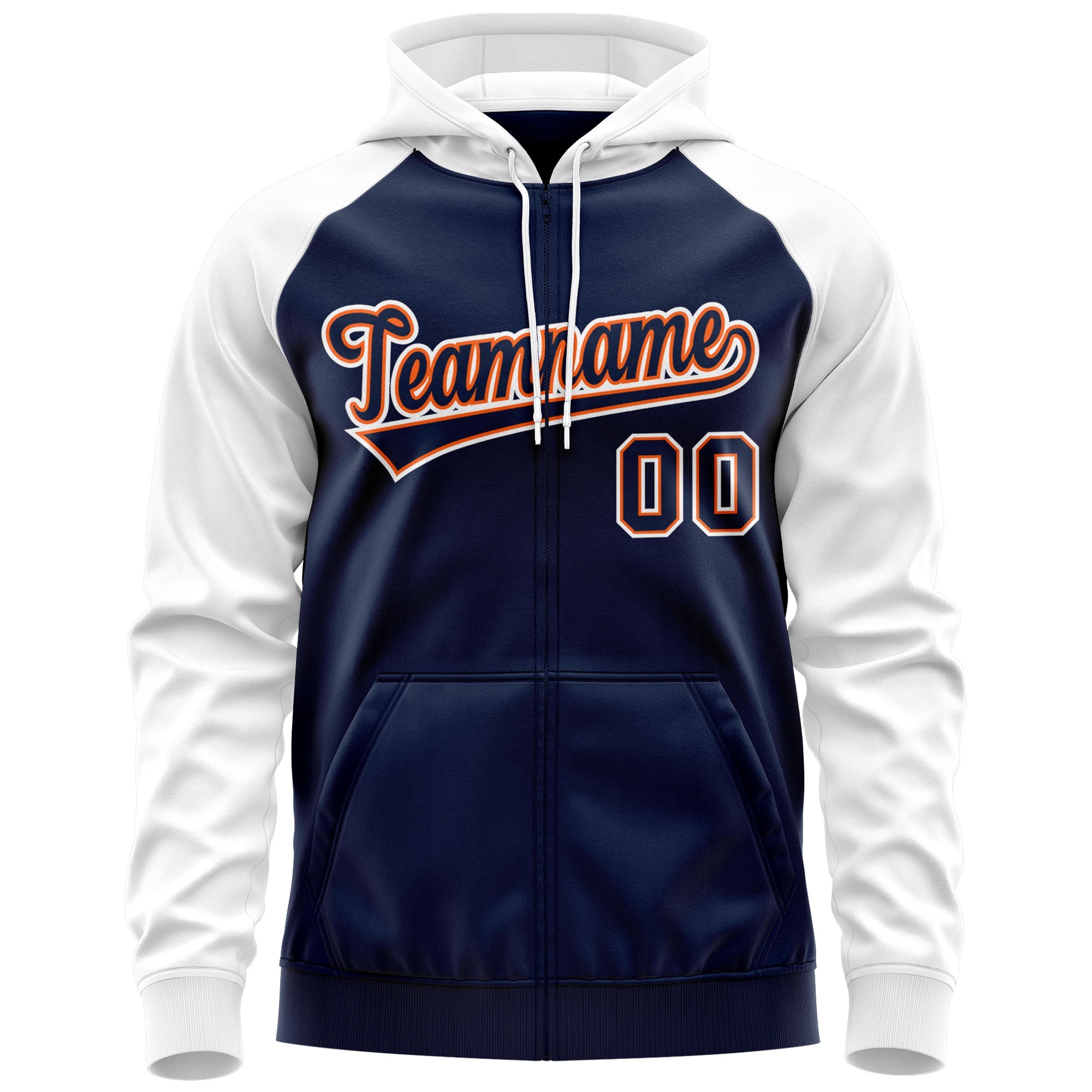 Custom Stitched Navy Orange-White Raglan Sleeves Sports Full-Zip Sweatshirt Hoodie