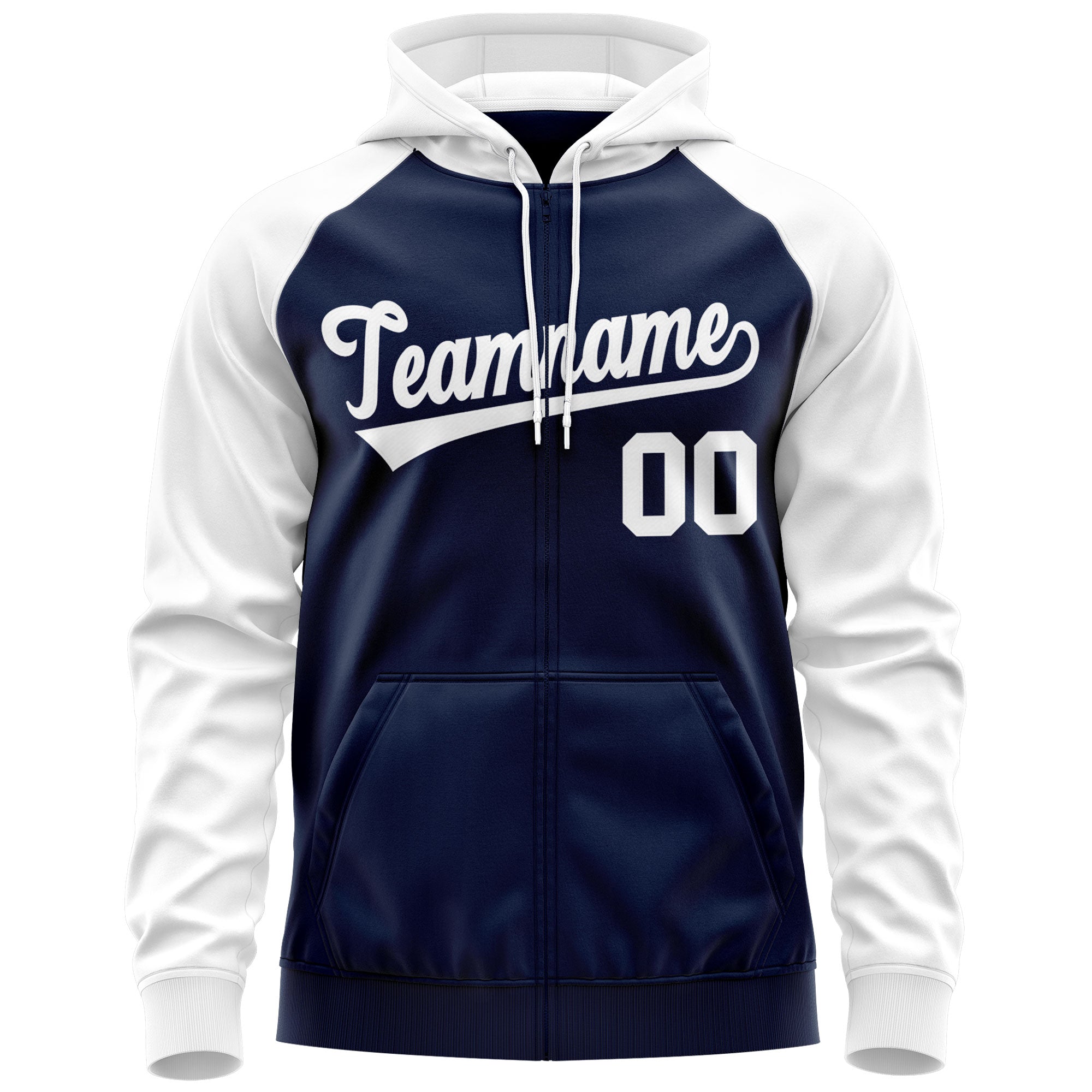 Custom Stitched Navy White Raglan Sleeves Sports Full-Zip Sweatshirt Hoodie