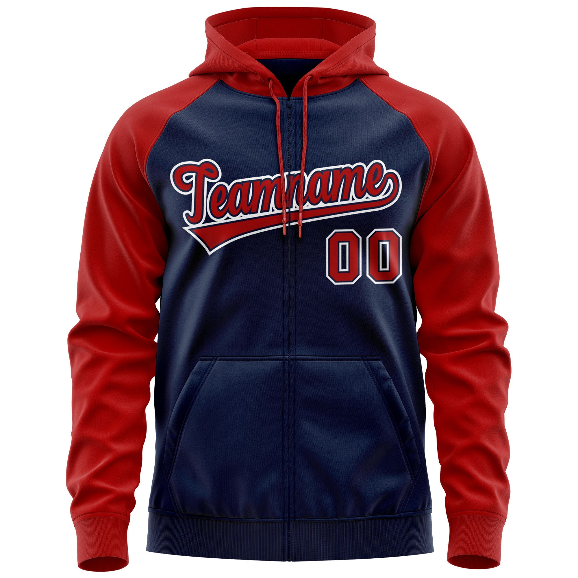 Custom Stitched Navy Red-White Raglan Sleeves Sports Full-Zip Sweatshirt Hoodie