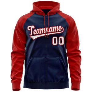 Custom Stitched Navy White-Red Raglan Sleeves Sports Full-Zip Sweatshirt Hoodie