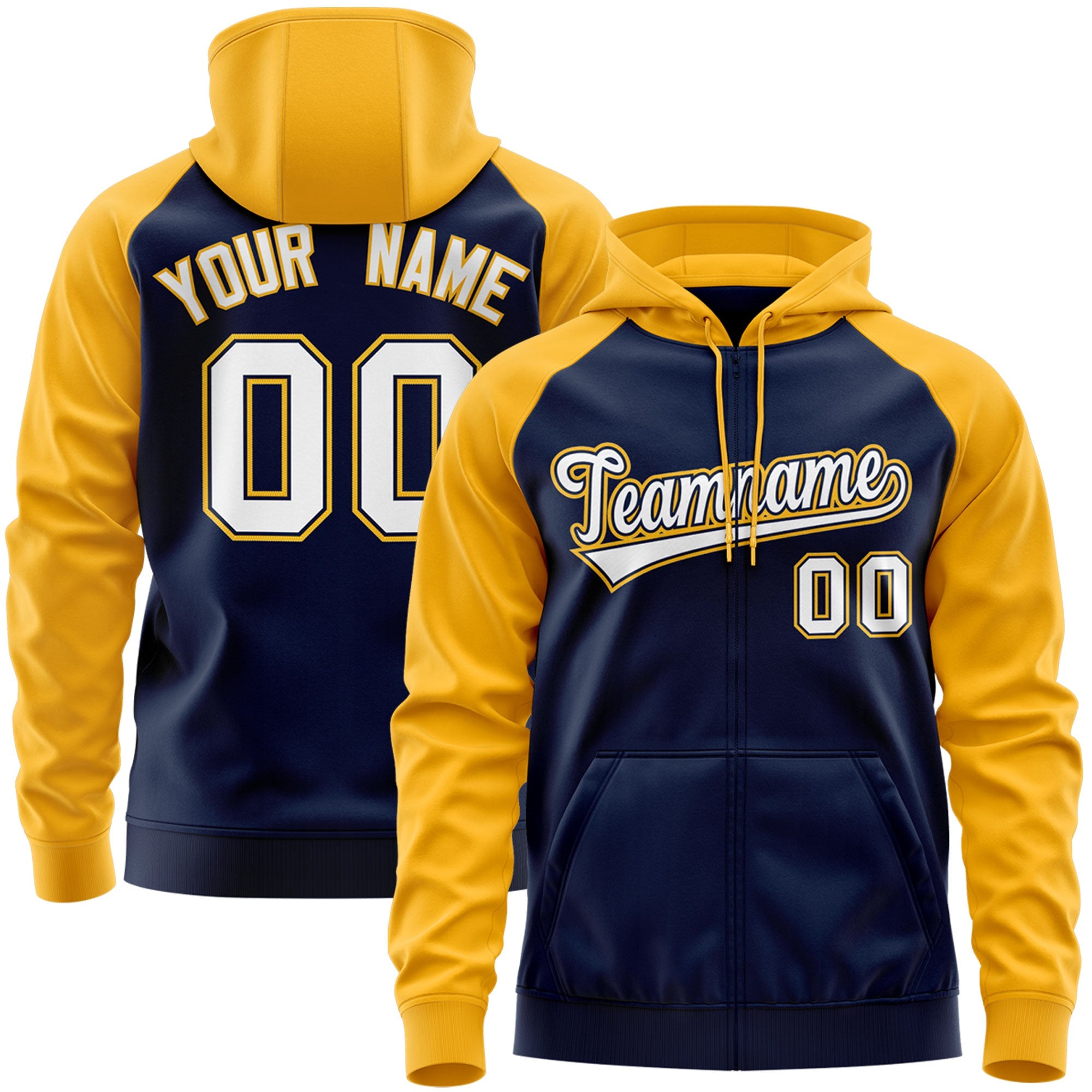 Custom Stitched Navy White-Gold Raglan Sleeves Sports Full-Zip Sweatshirt Hoodie