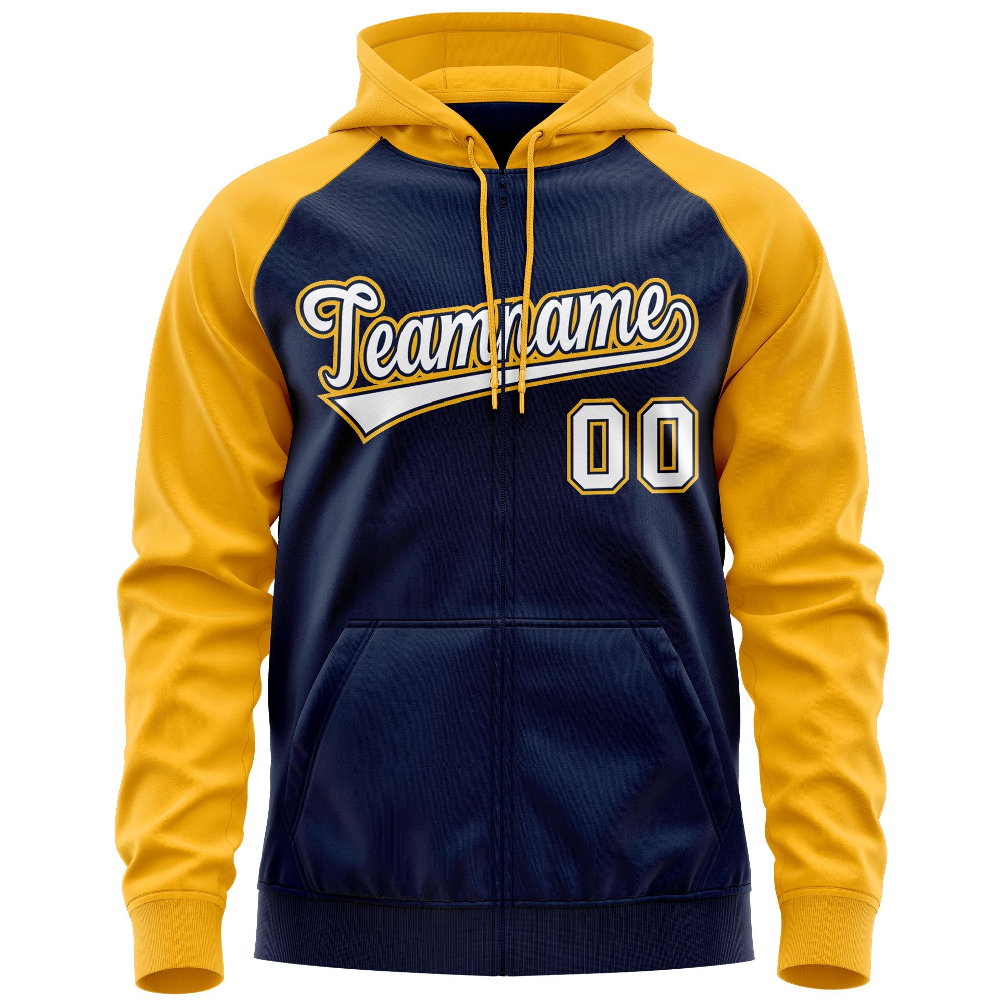 Custom Stitched Navy White-Gold Raglan Sleeves Sports Full-Zip Sweatshirt Hoodie