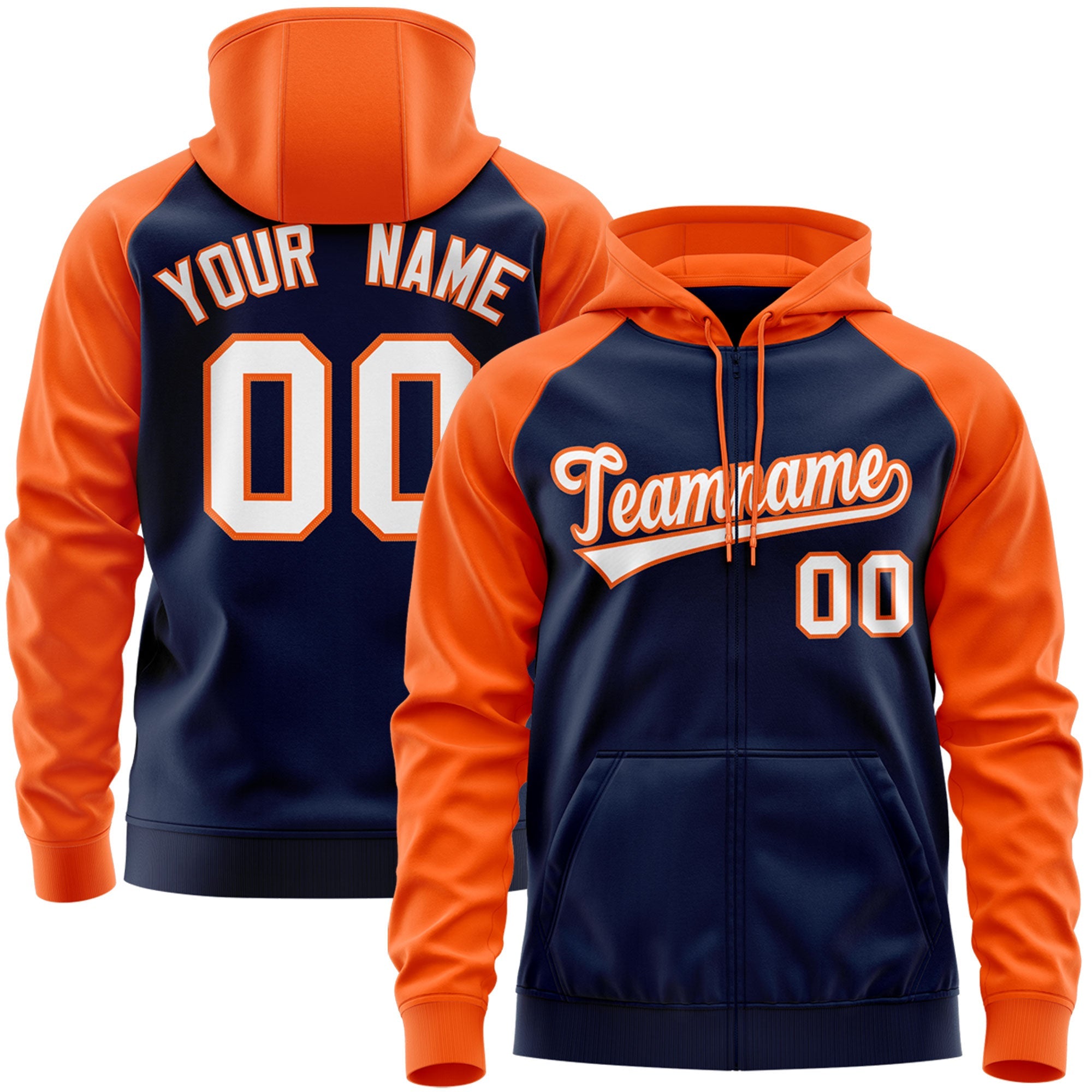 Custom Stitched Navy White-Orange Raglan Sleeves Sports Full-Zip Sweatshirt Hoodie