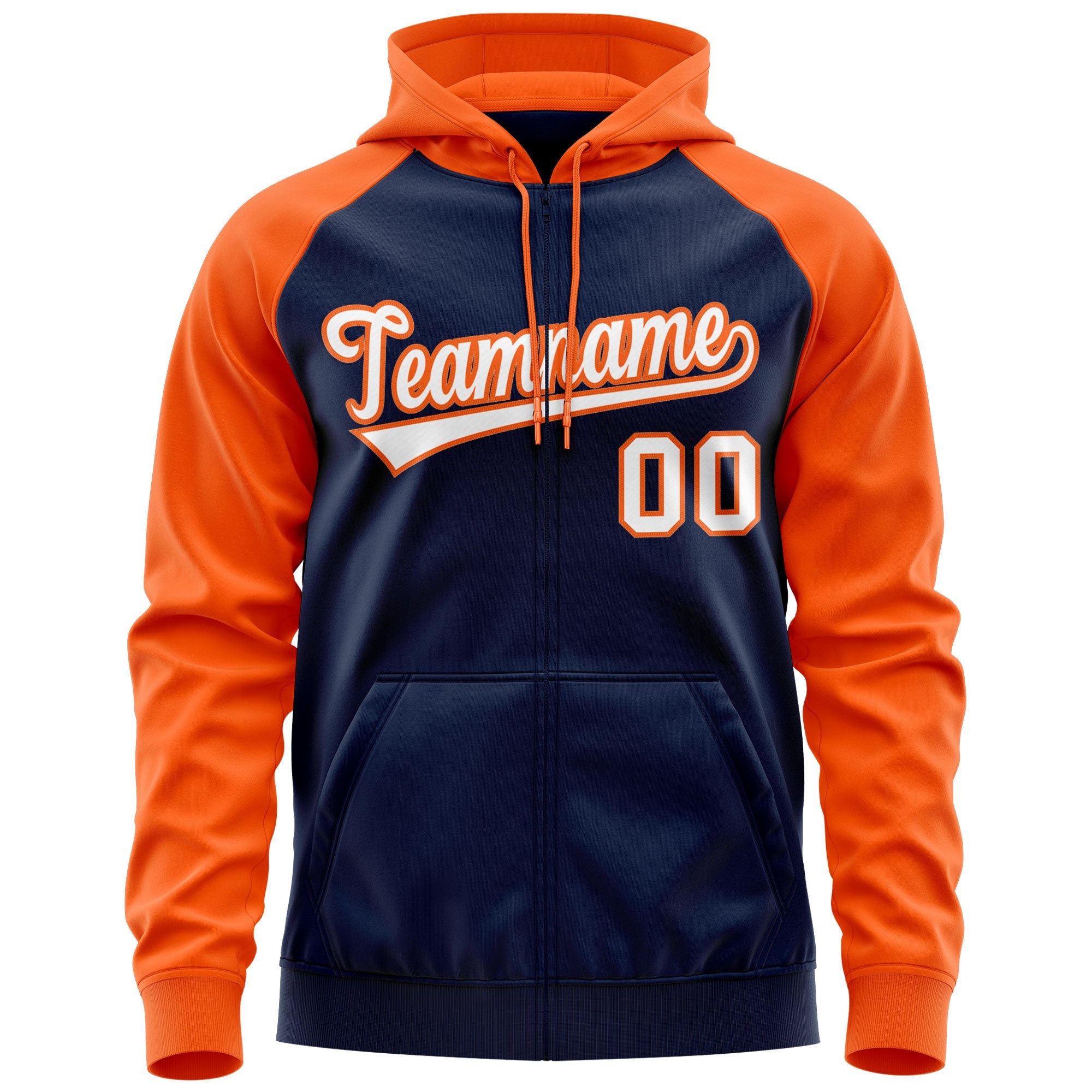 Custom Stitched Navy White-Orange Raglan Sleeves Sports Full-Zip Sweatshirt Hoodie