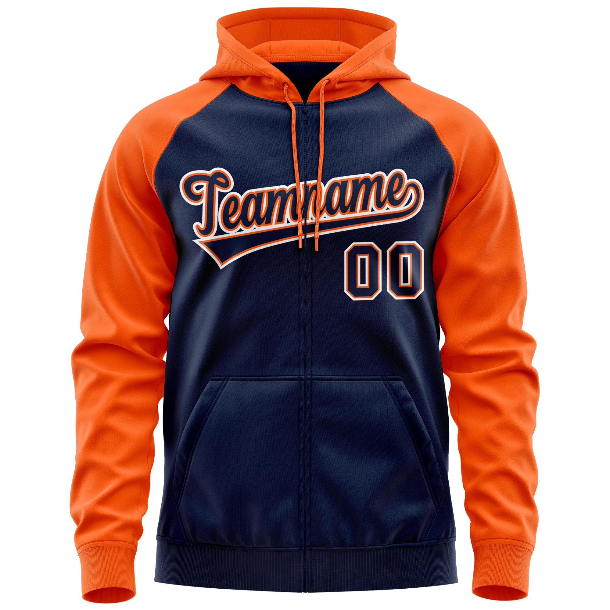 Custom Stitched Navy Orange-White Raglan Sleeves Sports Full-Zip Sweatshirt Hoodie