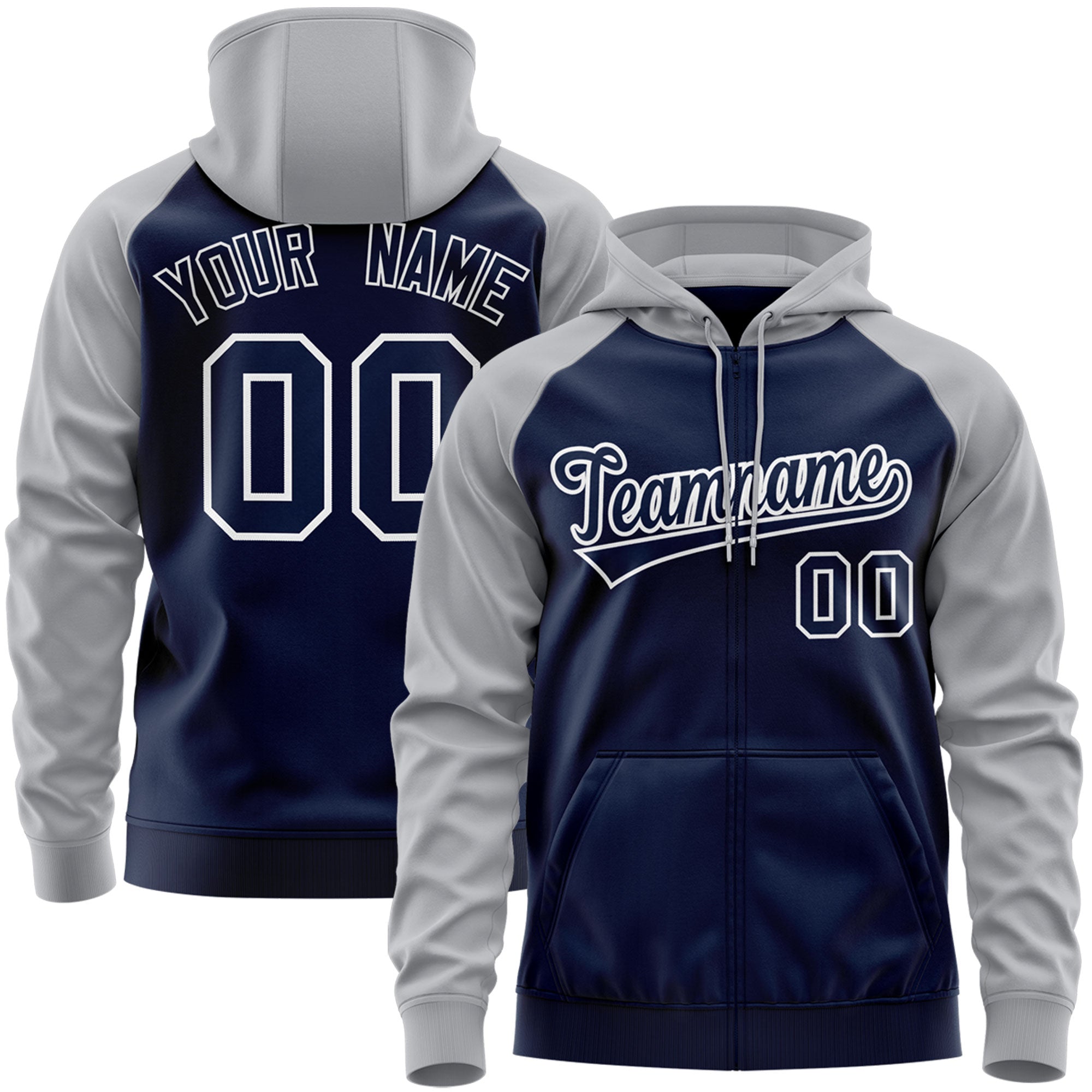 Custom Stitched Navy White-Gray Raglan Sleeves Sports Full-Zip Sweatshirt Hoodie