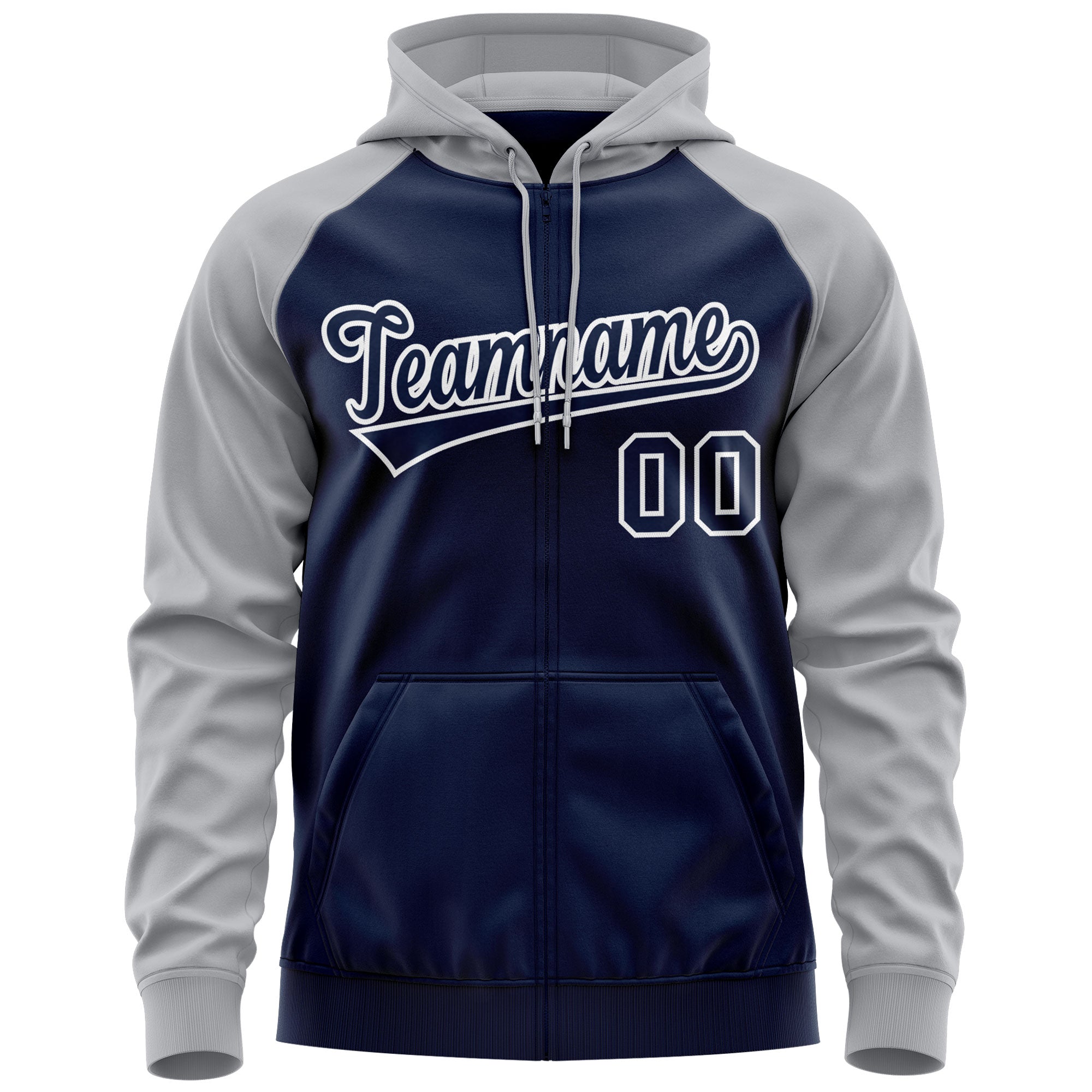 Custom Stitched Navy White-Gray Raglan Sleeves Sports Full-Zip Sweatshirt Hoodie