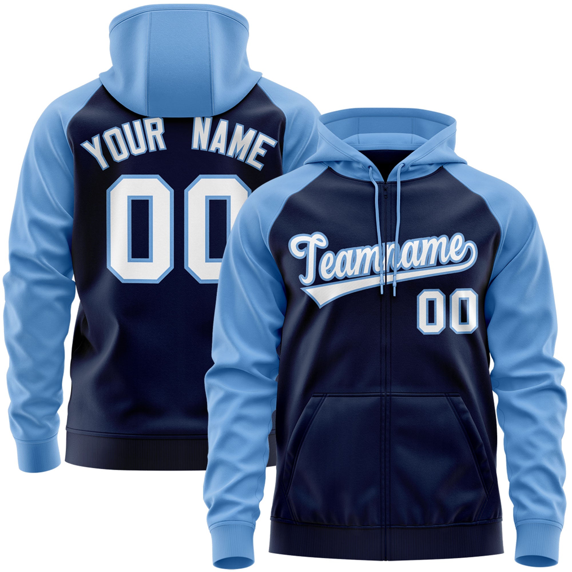 Custom Stitched Navy White-Light Blue Raglan Sleeves Sports Full-Zip Sweatshirt Hoodie