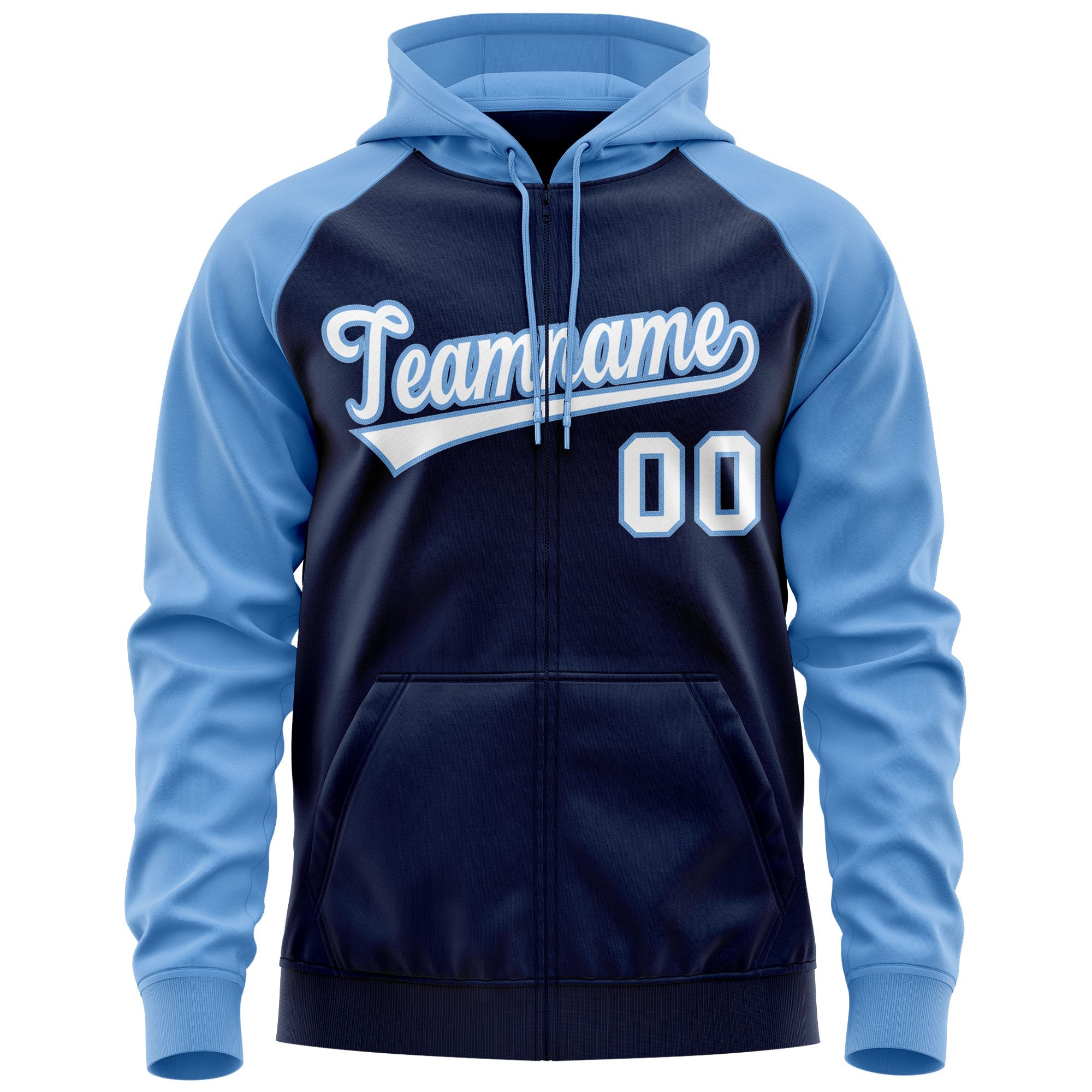 Custom Stitched Navy White-Light Blue Raglan Sleeves Sports Full-Zip Sweatshirt Hoodie