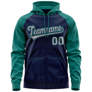 Custom Stitched Navy Gray-Aqua Raglan Sleeves Sports Full-Zip Sweatshirt Hoodie