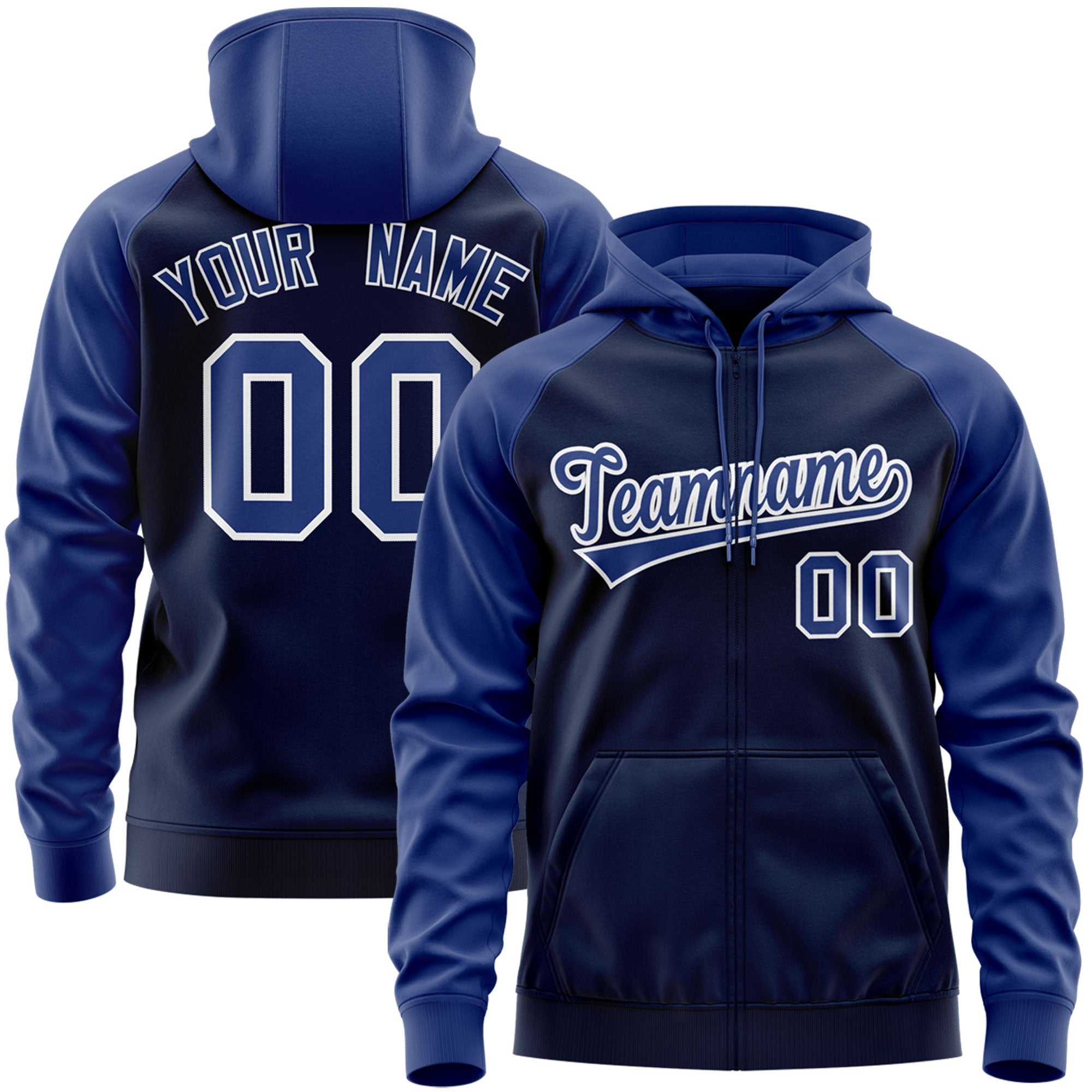 Custom Stitched Navy Royal-White Raglan Sleeves Sports Full-Zip Sweatshirt Hoodie