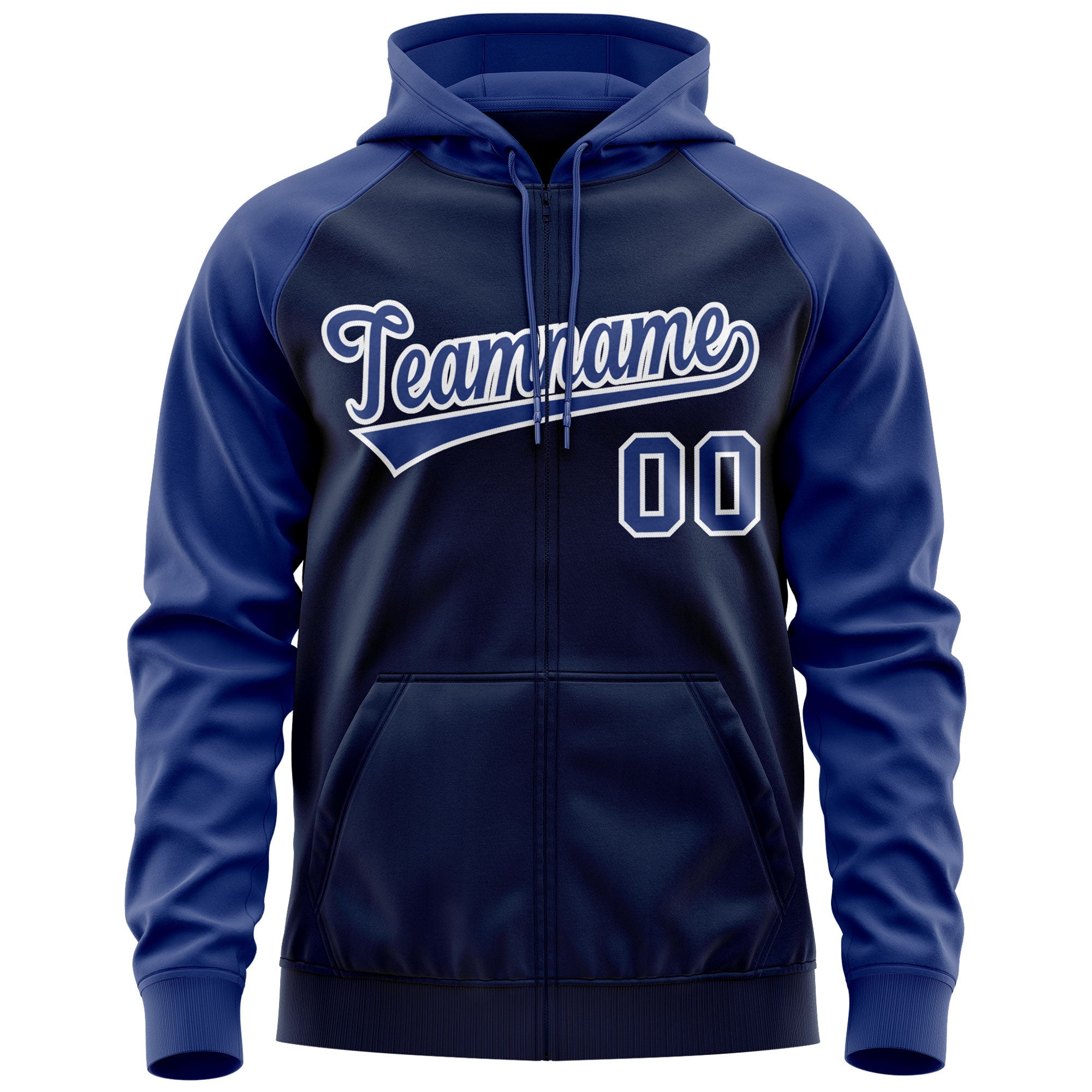 Custom Stitched Navy Royal-White Raglan Sleeves Sports Full-Zip Sweatshirt Hoodie