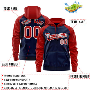 Custom Stitched Navy Red-White Raglan Sleeves Sports Full-Zip Sweatshirt Hoodie