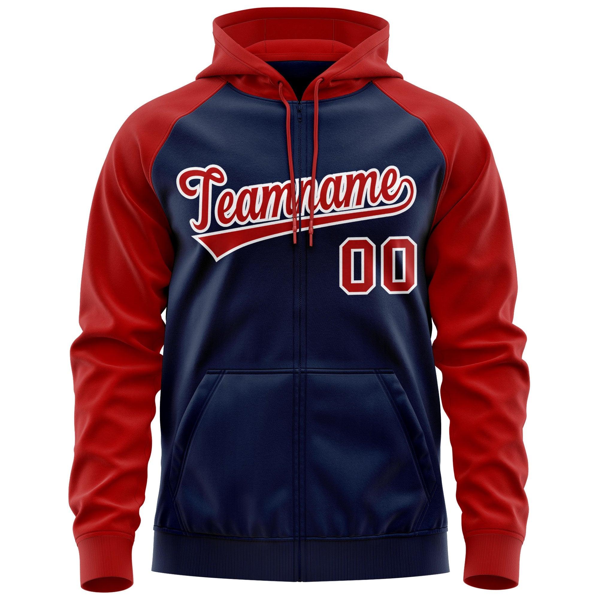 Custom Stitched Navy Red-White Raglan Sleeves Sports Full-Zip Sweatshirt Hoodie