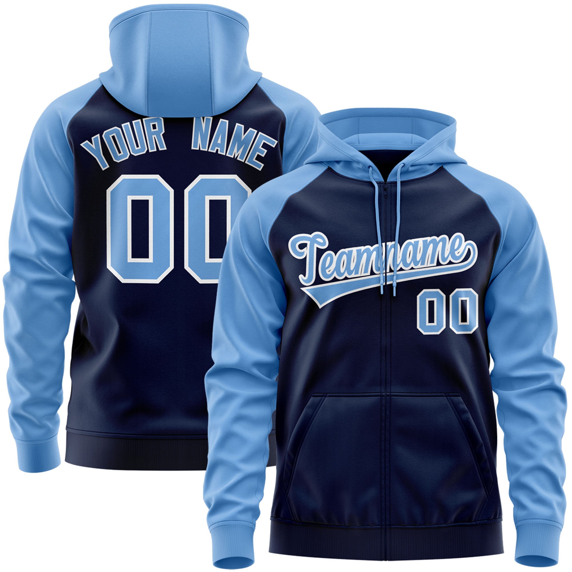 Custom Stitched Navy Light Blue-White Raglan Sleeves Sports Full-Zip Sweatshirt Hoodie