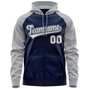 Custom Stitched Navy White-Gray Raglan Sleeves Sports Full-Zip Sweatshirt Hoodie