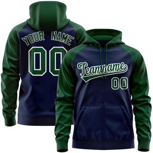 Custom Stitched Navy Green-White Raglan Sleeves Sports Full-Zip Sweatshirt Hoodie