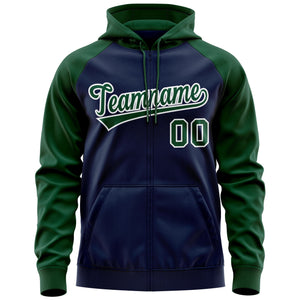 Custom Stitched Navy Green-White Raglan Sleeves Sports Full-Zip Sweatshirt Hoodie