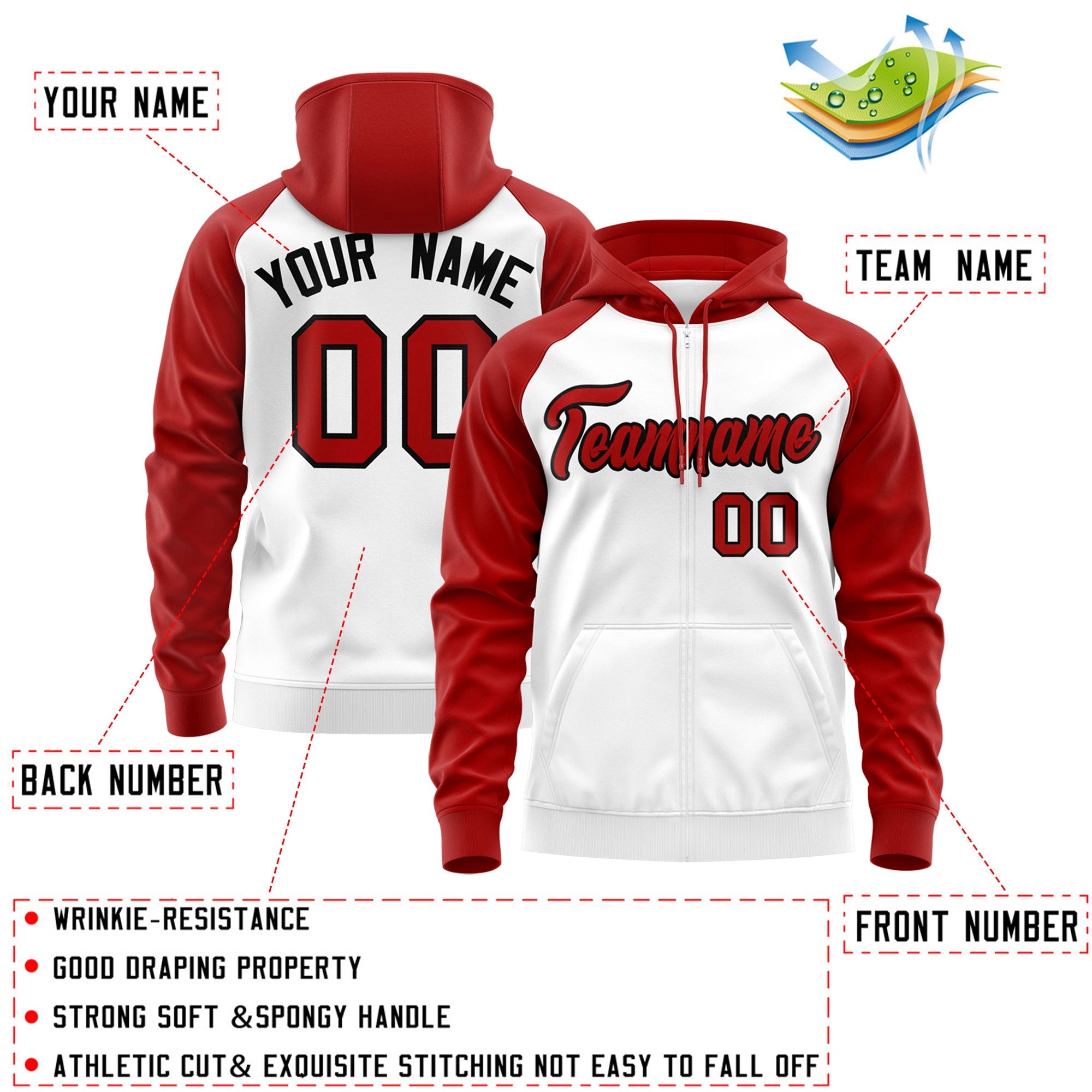 Custom Stitched White Red-Black Raglan Sleeves Sports Full-Zip Sweatshirt Hoodie