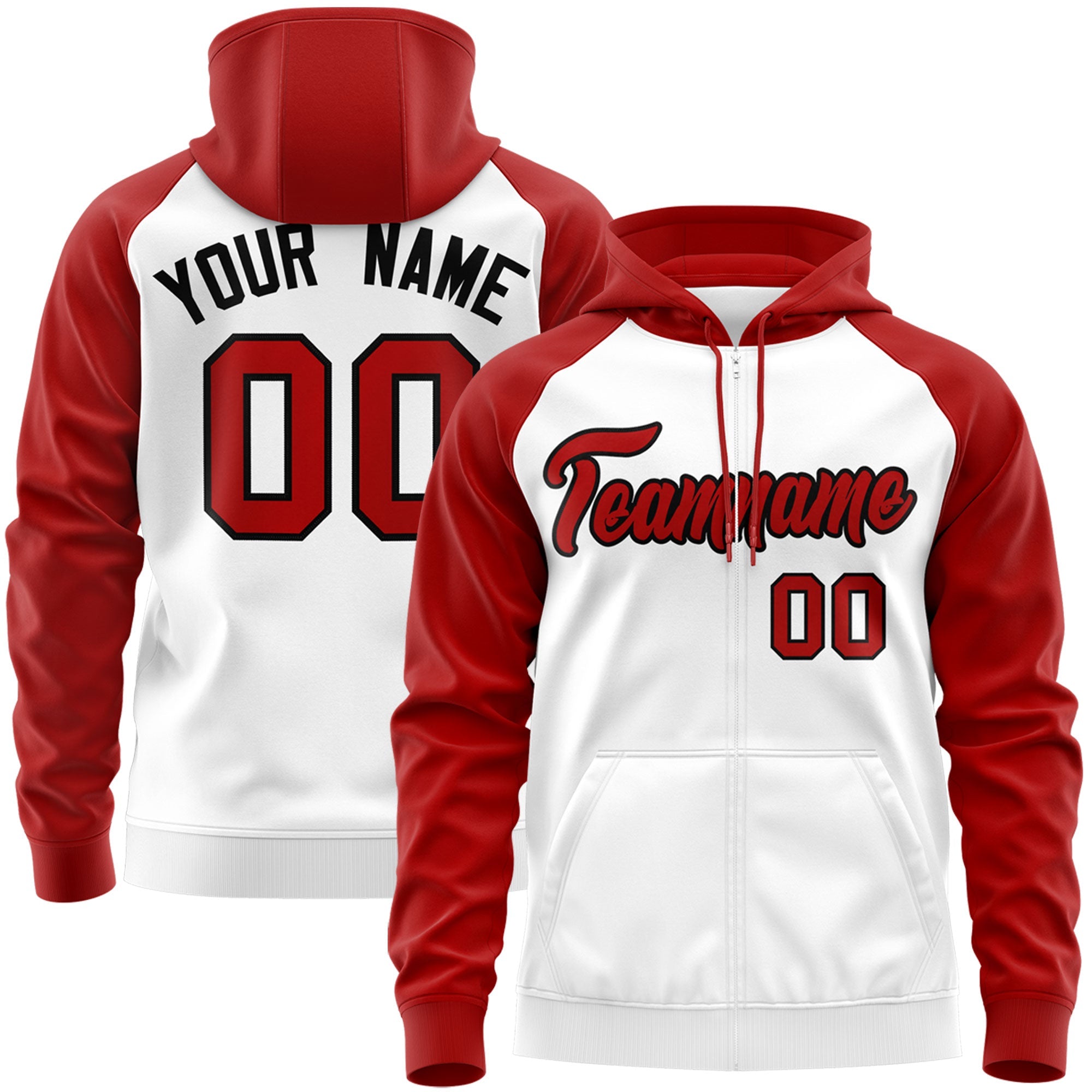 Custom Stitched White Red-Black Raglan Sleeves Sports Full-Zip Sweatshirt Hoodie