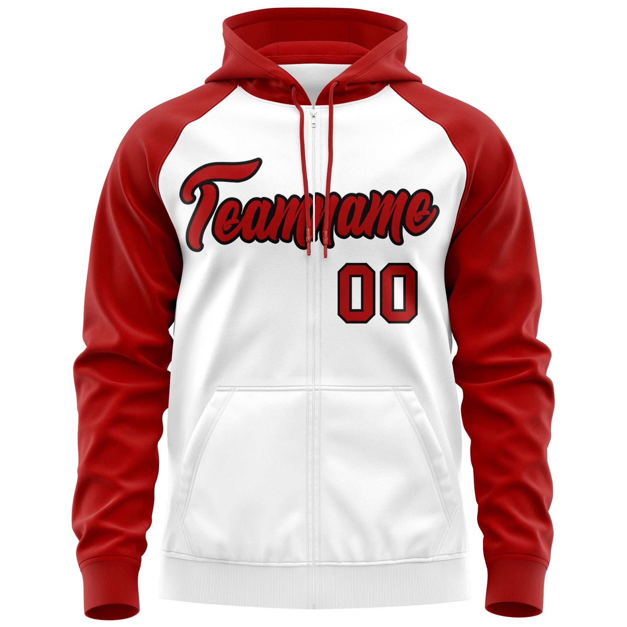 Custom Stitched White Red-Black Raglan Sleeves Sports Full-Zip Sweatshirt Hoodie