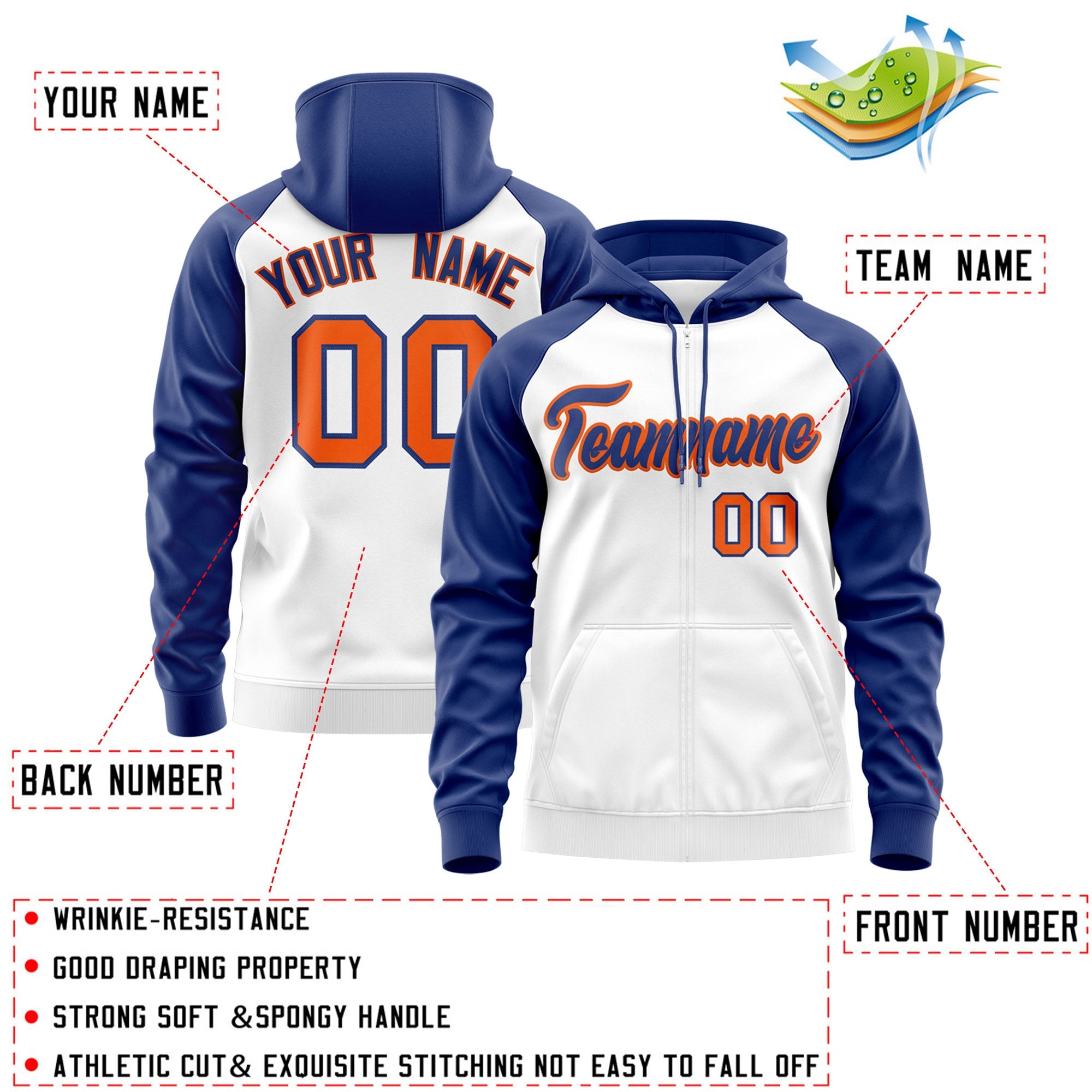 Custom Stitched White Royal-Orange Raglan Sleeves Sports Full-Zip Sweatshirt Hoodie