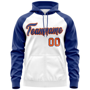 Custom Stitched White Royal-Orange Raglan Sleeves Sports Full-Zip Sweatshirt Hoodie