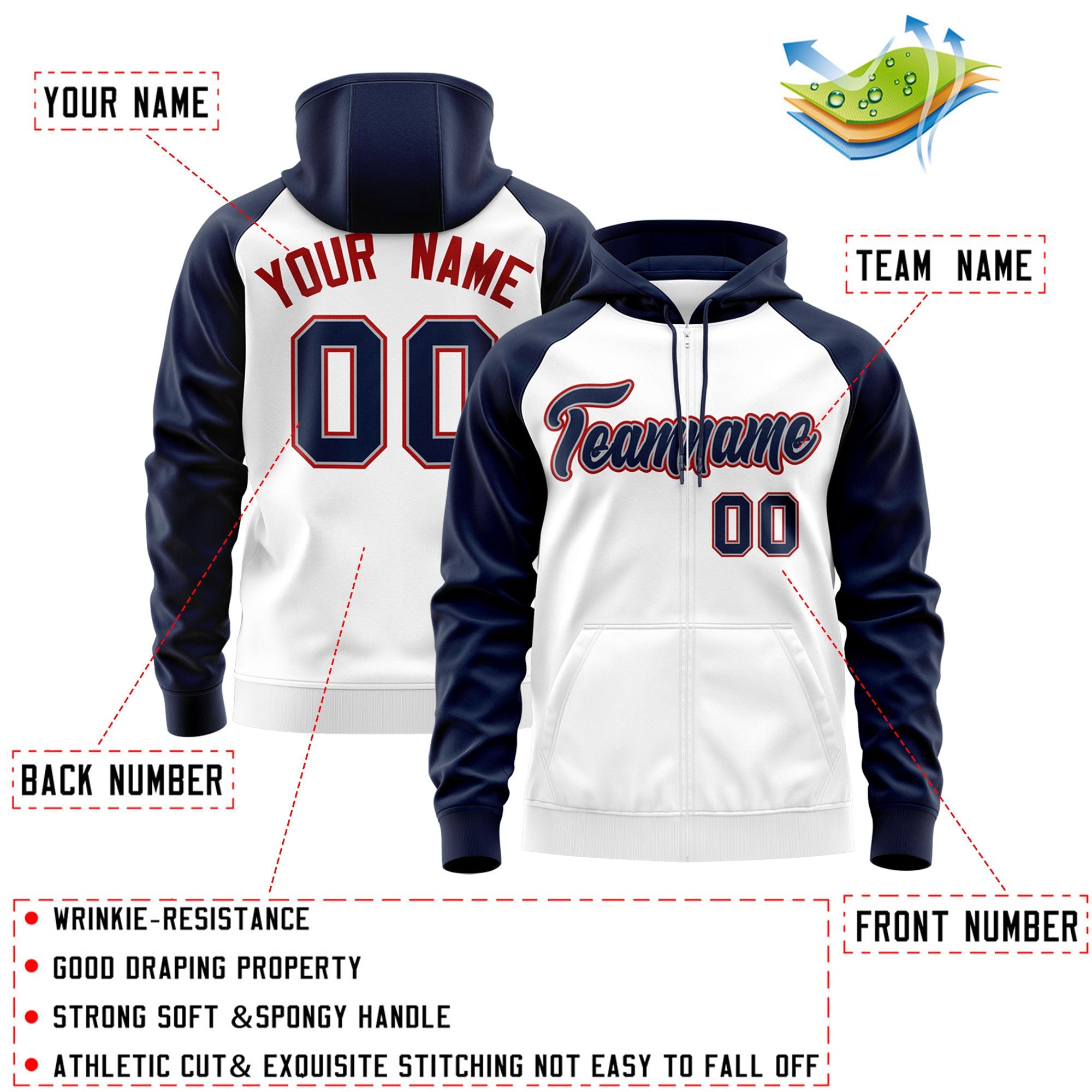 Custom Stitched White Navy-Red Raglan Sleeves Sports Full-Zip Sweatshirt Hoodie