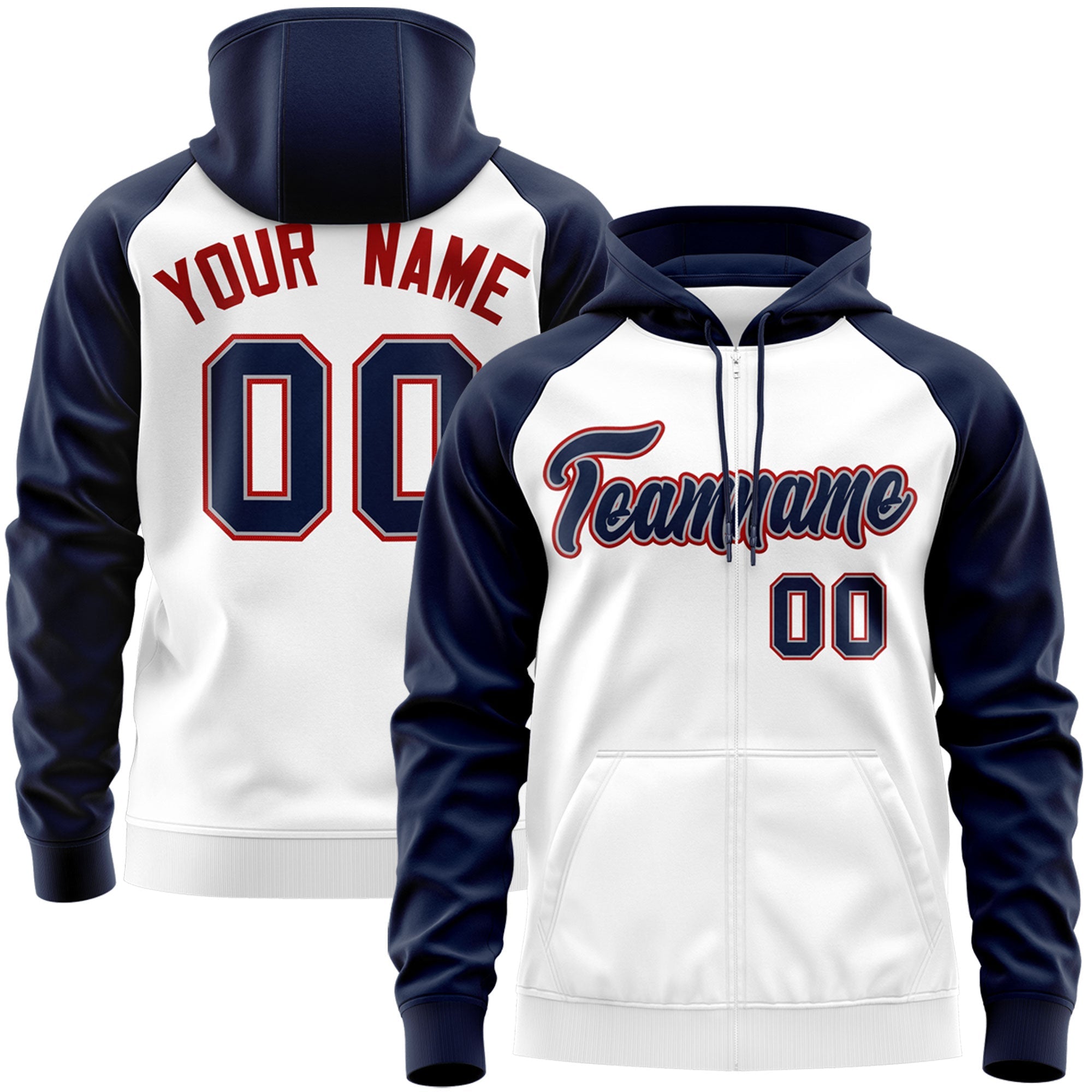 Custom Stitched White Navy-Red Raglan Sleeves Sports Full-Zip Sweatshirt Hoodie