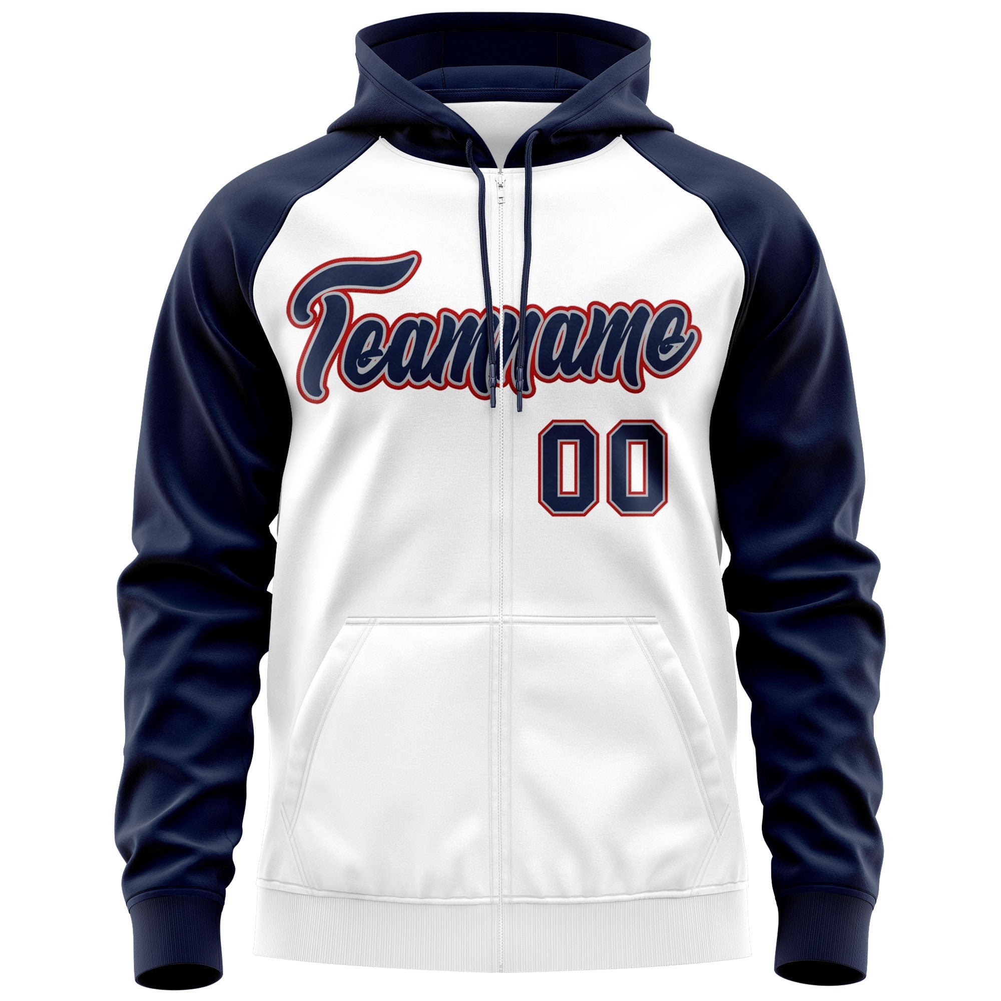 Custom Stitched White Navy-Red Raglan Sleeves Sports Full-Zip Sweatshirt Hoodie