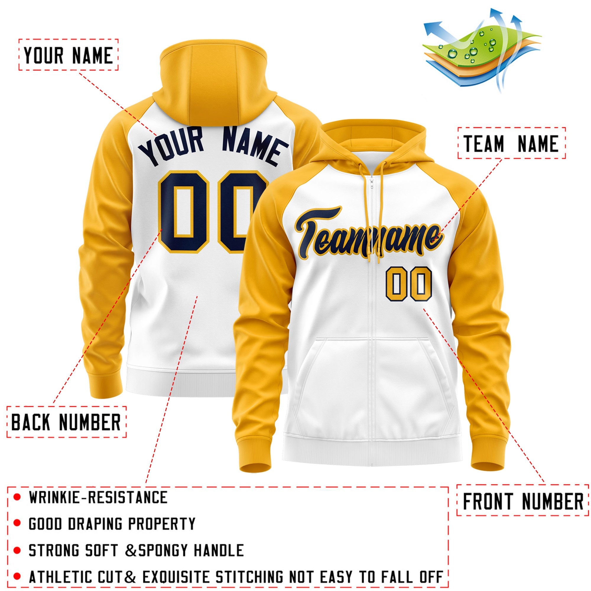 Custom Stitched White Navy-Gold Raglan Sleeves Sports Full-Zip Sweatshirt Hoodie